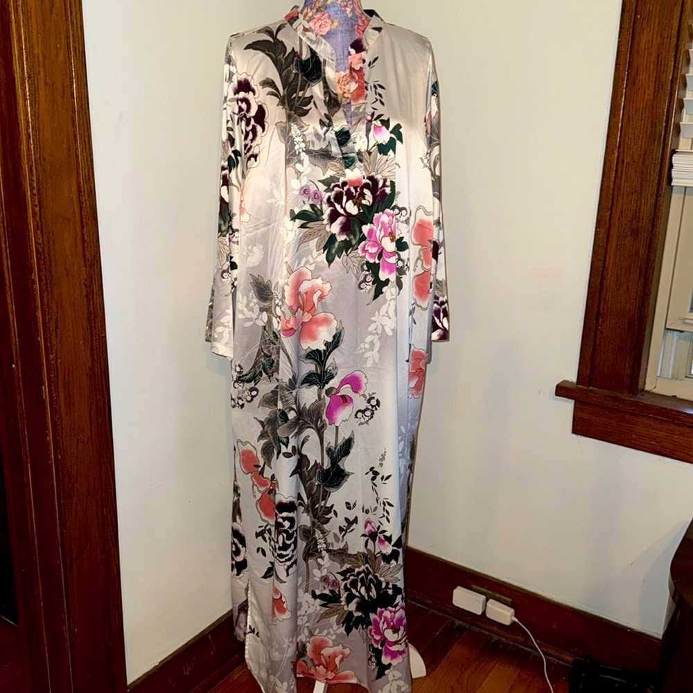 Natori White Floral Silky Caftan Dress 2X Plus Size